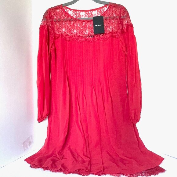 The Kooples Red Lace Chiffon Shift Dress Medium Red Long Sleeve Pleated Mini - Picture 3 of 11